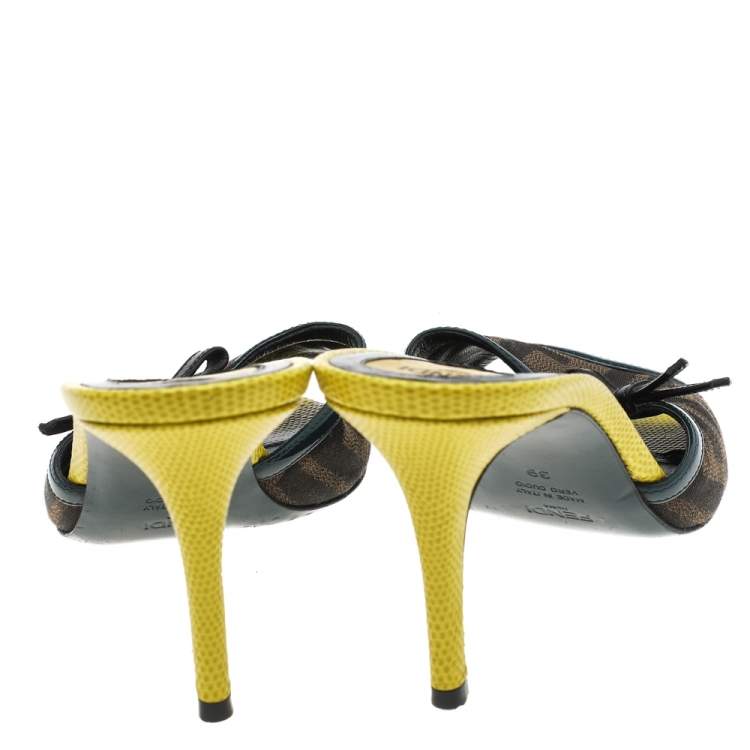 Pre Owned Fendi Multicolor Zucca Canvas And Patent Leather Trim Bow Slide Sandals Size 39