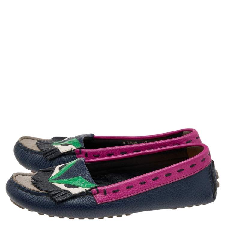 Pre Owned Fendi Multicolor Leather Monster Bugs Driver Loafers Size 37