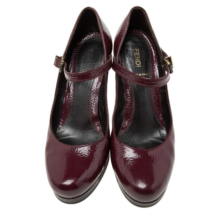 Pre Owned Fendi Burgundy Patent Leather  Mary Jane Platform Pumps Size 39