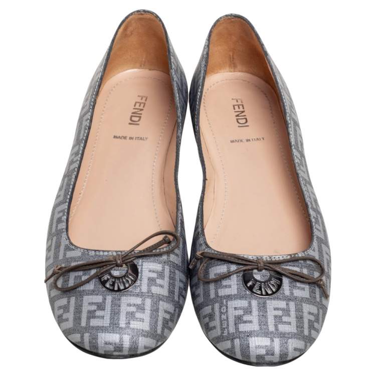 Pre Owned Fendi Grey Zucca Canvas Bow Ballet Flats Size 36  
