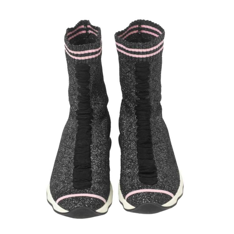 Pre Owned Fendi Black/Silver Glitter Knit Fabric High-Top Sock Sneakers Size 38