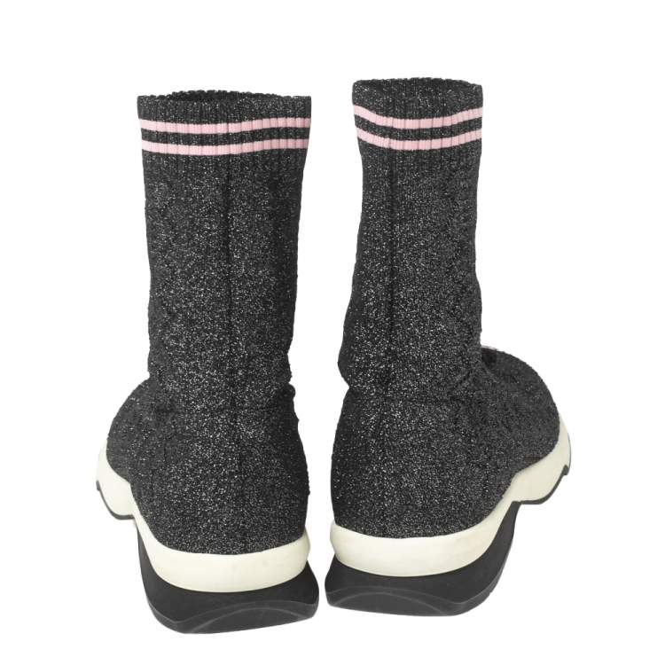 Pre Owned Fendi Black/Silver Glitter Knit Fabric High-Top Sock Sneakers Size 38