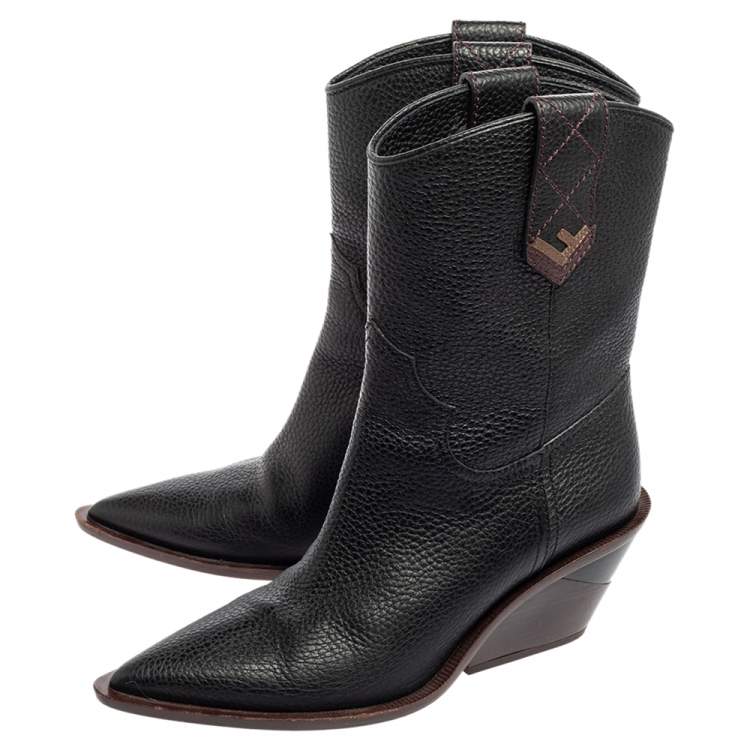 Pre Owned Fendi Dark Brown Leather Cowboy Boots Size 39