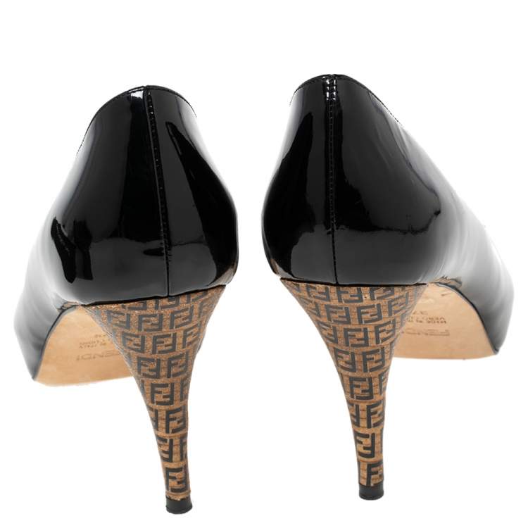 Pre Owned Fendi Black Patent Leather Zucca Print Heel Peep-Toe Platform Pumps Size 37.5