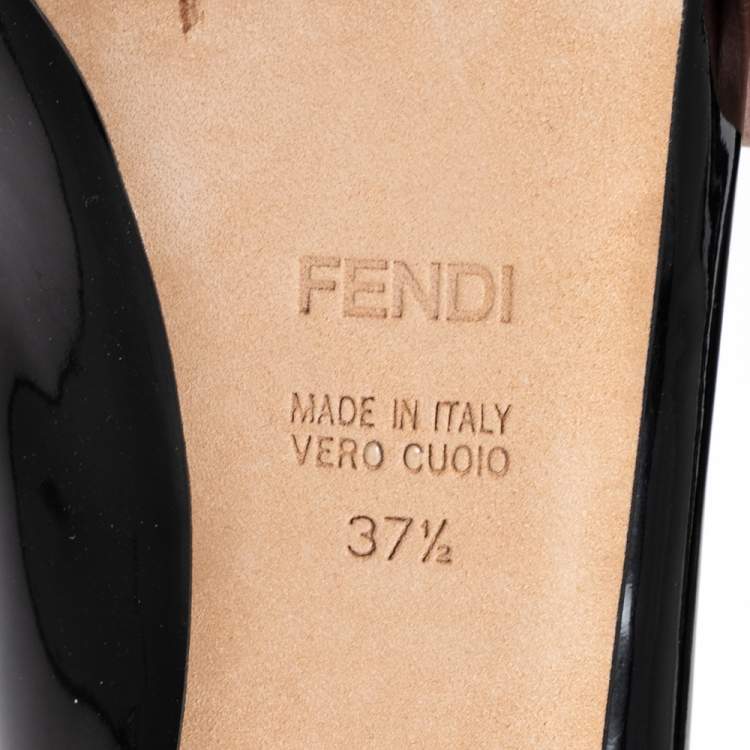 Pre Owned Fendi Black Patent Leather Zucca Print Heel Peep-Toe Platform Pumps Size 37.5