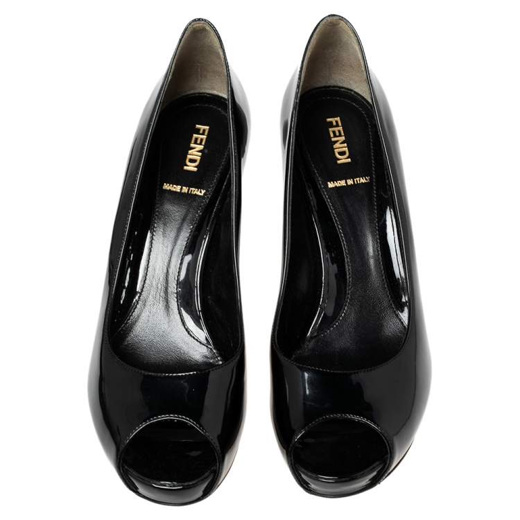 Pre Owned Fendi Black Patent Leather Zucca Print Heel Peep-Toe Platform Pumps Size 37.5