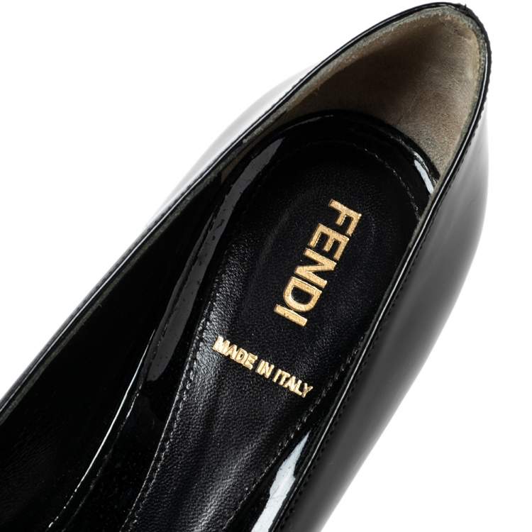 Pre Owned Fendi Black Patent Leather Zucca Print Heel Peep-Toe Platform Pumps Size 37.5