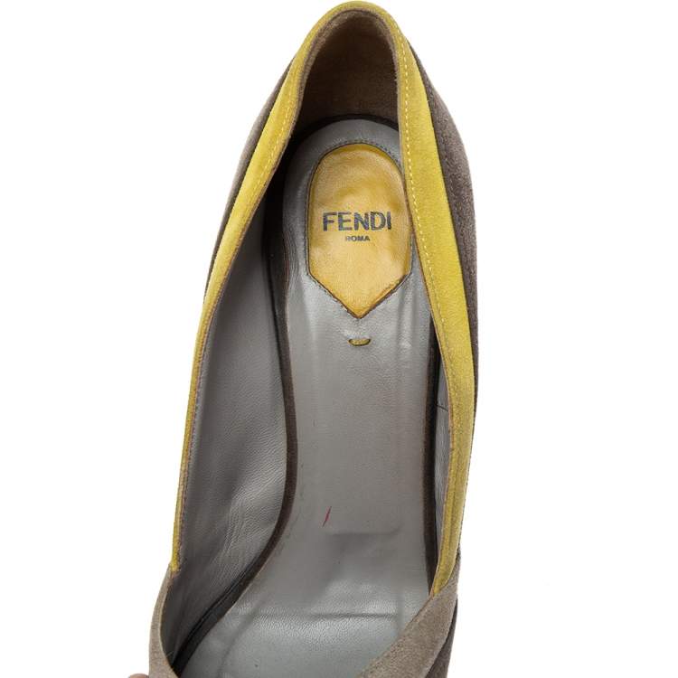 Pre Owned Fendi Grey/Yellow Suede Fendista Peep Toe Platform Pumps Size 39