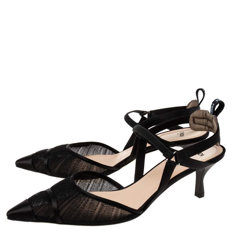 مملوكة مسبقًا Fendi Black Mesh  And Satin Colibri Lite Slingback Pumps Size 39
