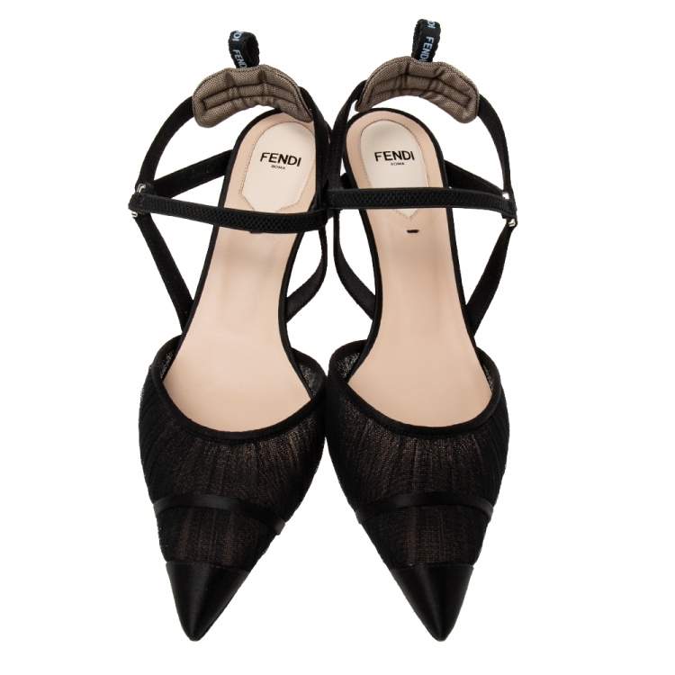 مملوكة مسبقًا Fendi Black Mesh  And Satin Colibri Lite Slingback Pumps Size 39