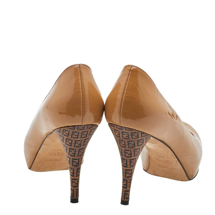 Pre Owned Fendi Caramel Patent Leather Platform FF Superstar Pumps Size 36.5