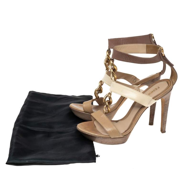 Pre Owned Fendi Beige/Brown Leather Chain Ankle Strap Sandals Size 38