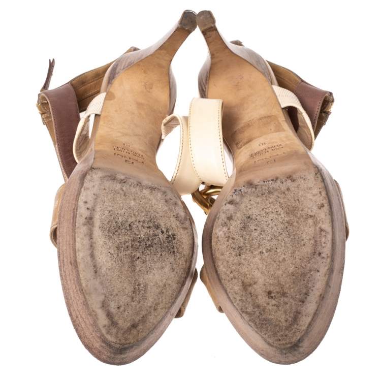 Pre Owned Fendi Beige/Brown Leather Chain Ankle Strap Sandals Size 38