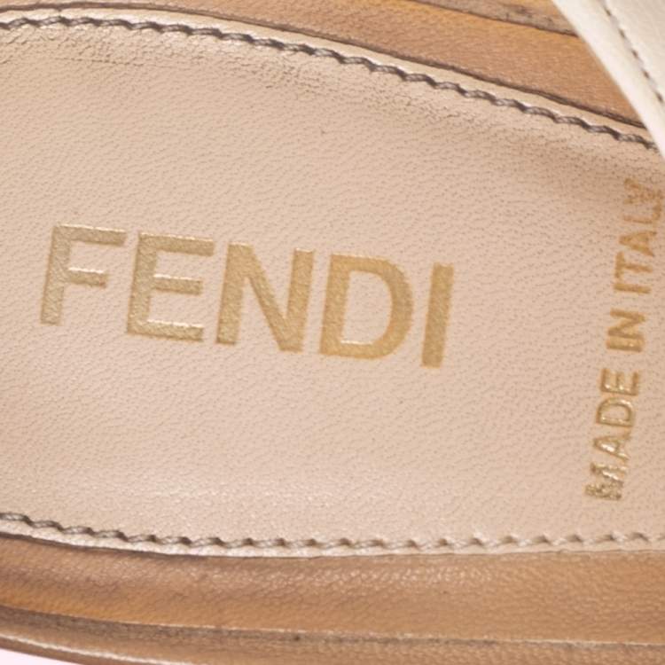 Pre Owned Fendi Beige/Brown Leather Chain Ankle Strap Sandals Size 38