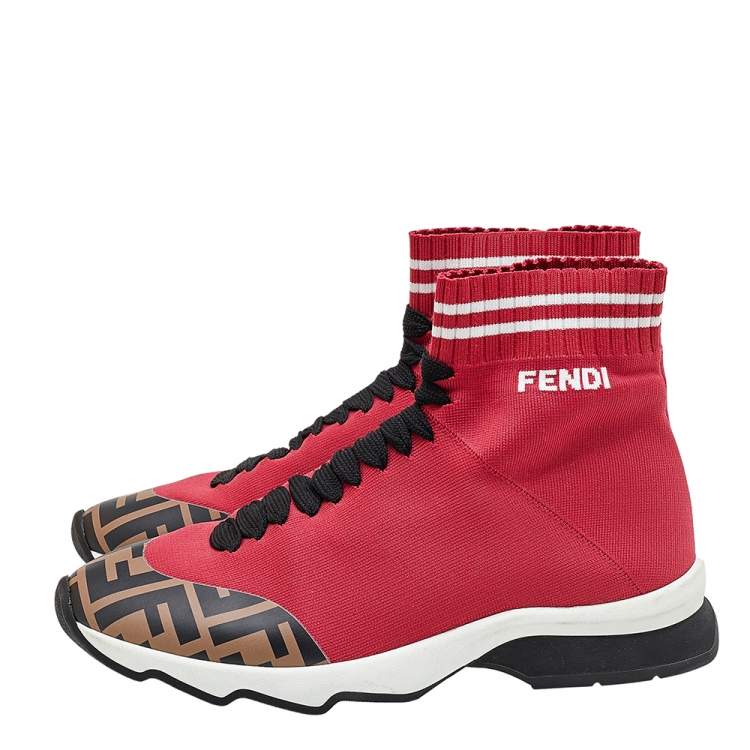 Pre Owned Fendi Red/Brown Knit Fabric And Zucca Synthetic Leather Sock High Top Sneakers Size 37