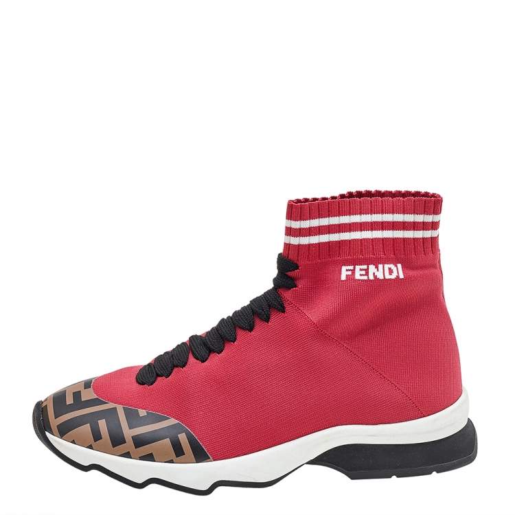 Pre Owned Fendi Red/Brown Knit Fabric And Zucca Synthetic Leather Sock High Top Sneakers Size 37