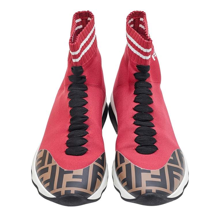 Pre Owned Fendi Red/Brown Knit Fabric And Zucca Synthetic Leather Sock High Top Sneakers Size 37
