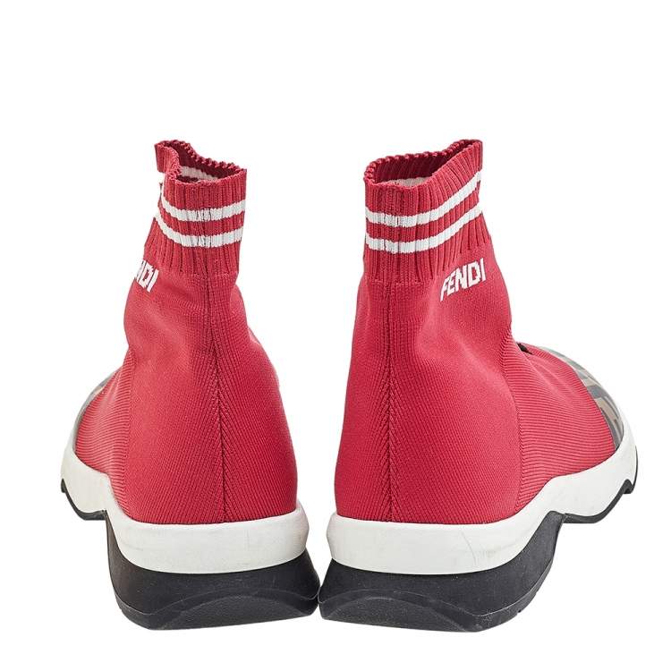 Pre Owned Fendi Red/Brown Knit Fabric And Zucca Synthetic Leather Sock High Top Sneakers Size 37