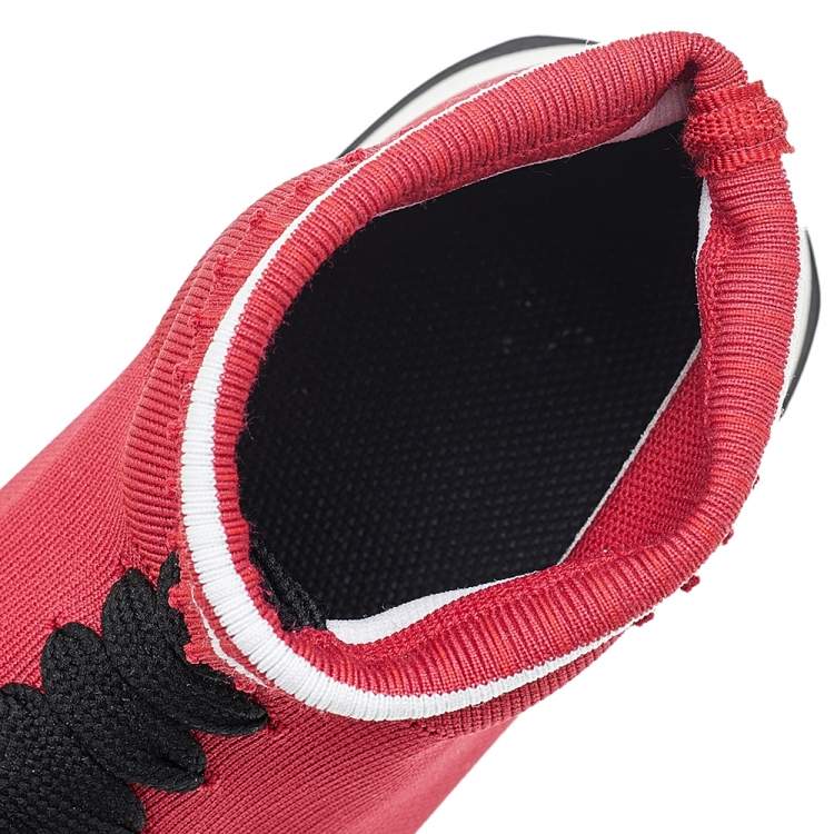 Pre Owned Fendi Red/Brown Knit Fabric And Zucca Synthetic Leather Sock High Top Sneakers Size 37