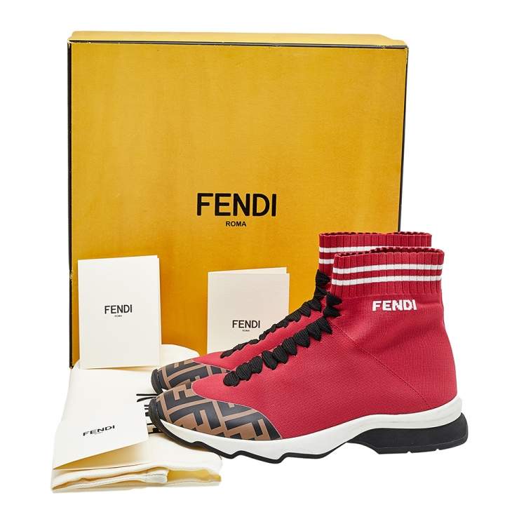 Pre Owned Fendi Red/Brown Knit Fabric And Zucca Synthetic Leather Sock High Top Sneakers Size 37