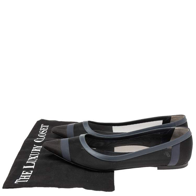 Pre Owned Fendi Black/Navy Blue Mesh Pointed Toe Ballet Flats Size 39.5