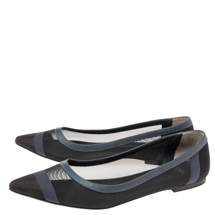 Pre Owned Fendi Black/Navy Blue Mesh Pointed Toe Ballet Flats Size 39.5