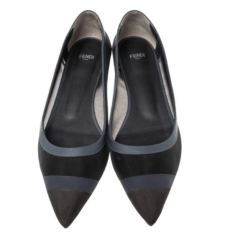 Pre Owned Fendi Black/Navy Blue Mesh Pointed Toe Ballet Flats Size 39.5