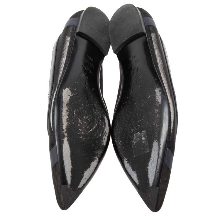 Pre Owned Fendi Black/Navy Blue Mesh Pointed Toe Ballet Flats Size 39.5