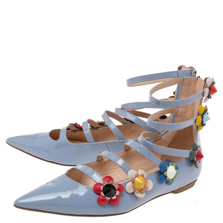 Pre Owned Fendi Sky Blue Patent Leather Flowerland Multistrap Flat Size 35