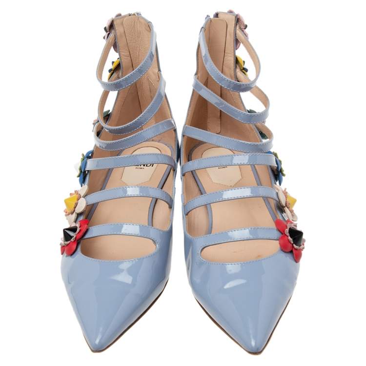 Pre Owned Fendi Sky Blue Patent Leather Flowerland Multistrap Flat Size 35