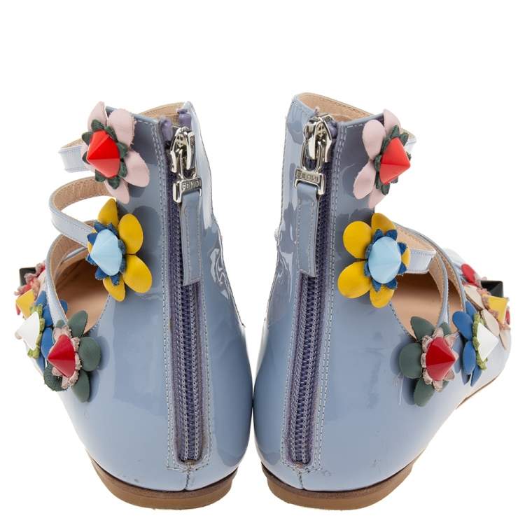 Pre Owned Fendi Sky Blue Patent Leather Flowerland Multistrap Flat Size 35