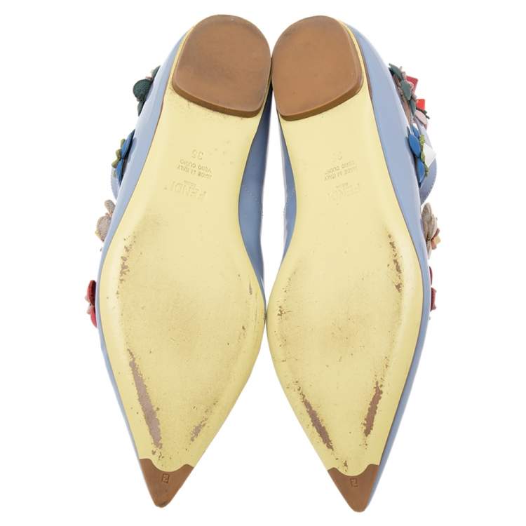 Pre Owned Fendi Sky Blue Patent Leather Flowerland Multistrap Flat Size 35