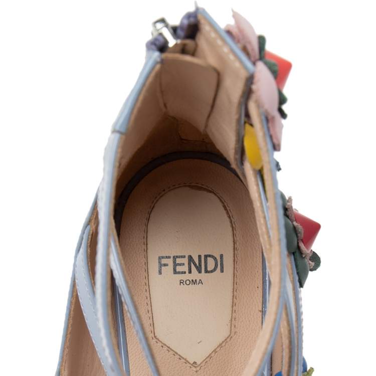 Pre Owned Fendi Sky Blue Patent Leather Flowerland Multistrap Flat Size 35