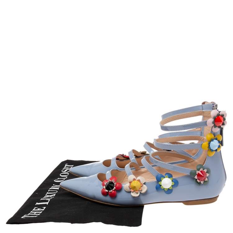 Pre Owned Fendi Sky Blue Patent Leather Flowerland Multistrap Flat Size 35