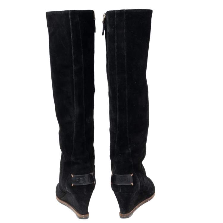 Pre Owned Fendi Black Suede Cathy Tall Wedge Boots Size 39