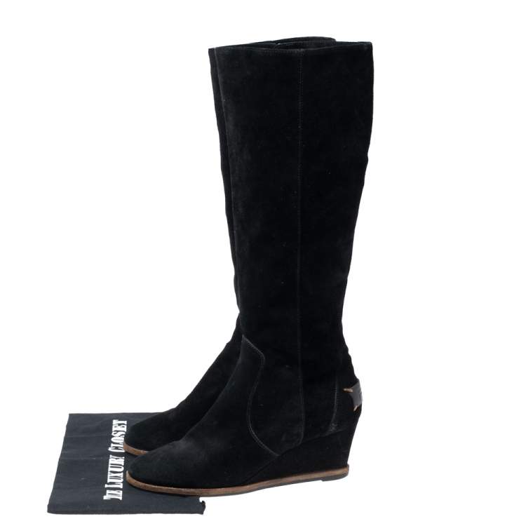 Pre Owned Fendi Black Suede Cathy Tall Wedge Boots Size 39
