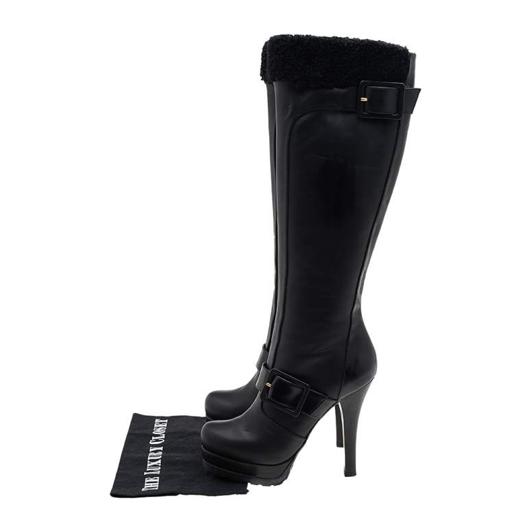 Pre Owned Fendi Black Leather And Fur Platform Knee Length Boots Size 36.5