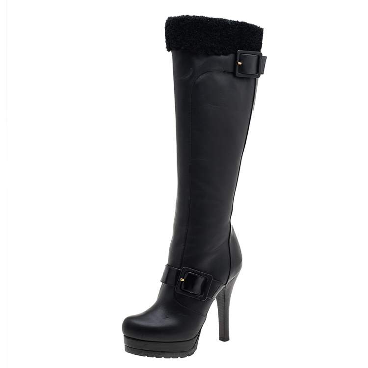 Pre Owned Fendi Black Leather And Fur Platform Knee Length Boots Size 36.5