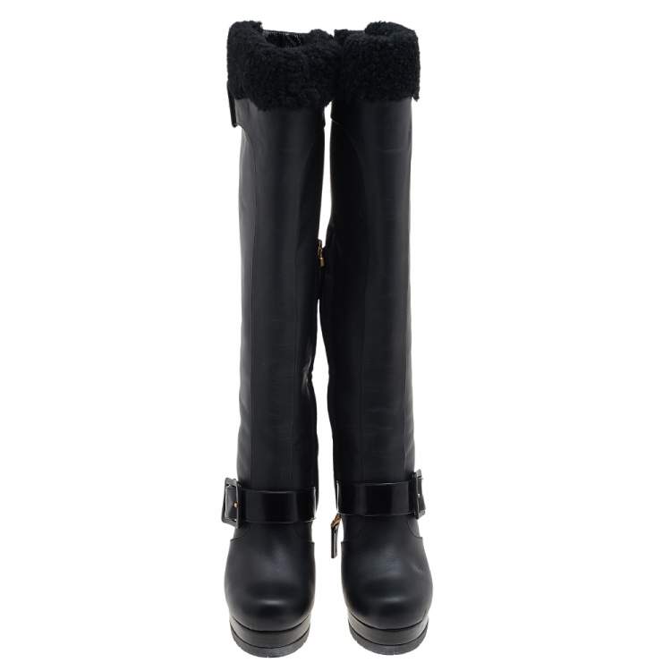 Pre Owned Fendi Black Leather And Fur Platform Knee Length Boots Size 36.5