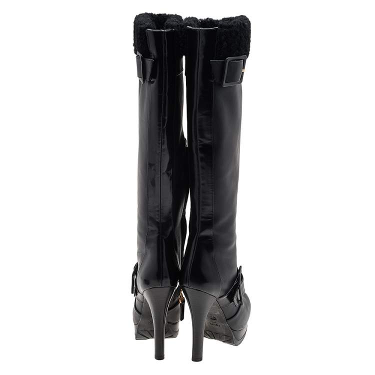 Pre Owned Fendi Black Leather And Fur Platform Knee Length Boots Size 36.5