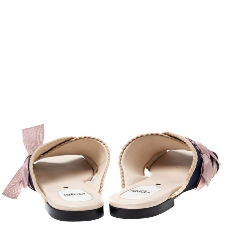 Pre Owned Fendi Navy Blue/ Pink Crisscross Knit and Fabric Bow Flat Slides Size 36