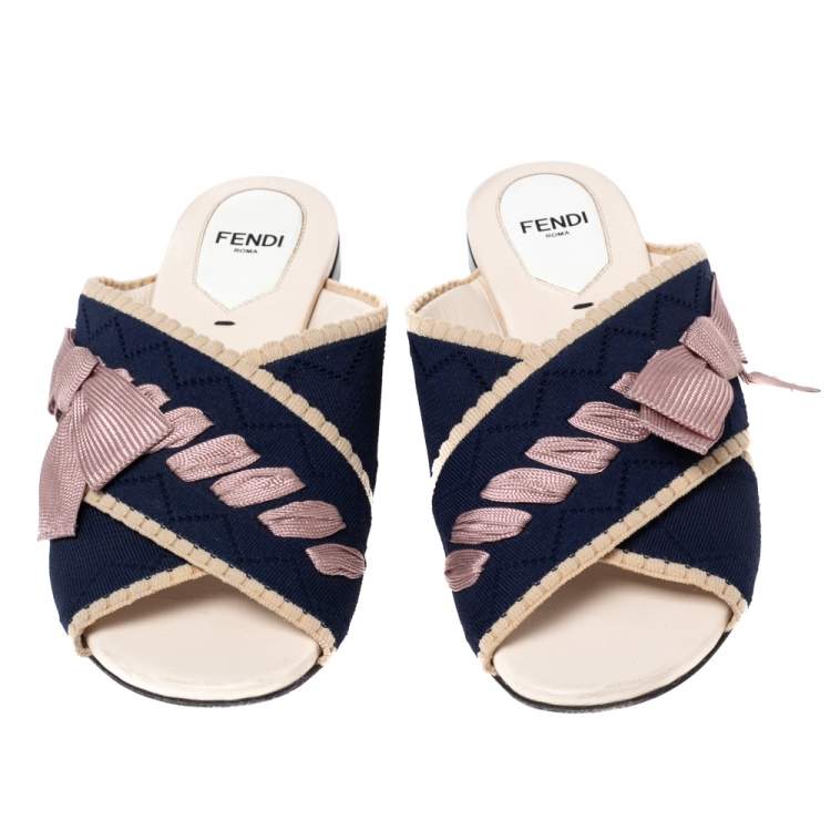Pre Owned Fendi Navy Blue/ Pink Crisscross Knit and Fabric Bow Flat Slides Size 36
