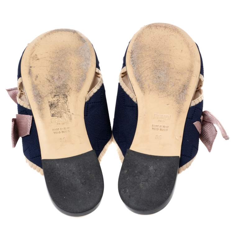Pre Owned Fendi Navy Blue/ Pink Crisscross Knit and Fabric Bow Flat Slides Size 36