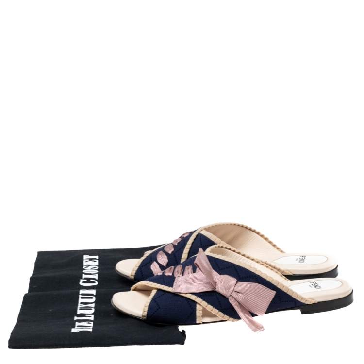 Pre Owned Fendi Navy Blue/ Pink Crisscross Knit and Fabric Bow Flat Slides Size 36