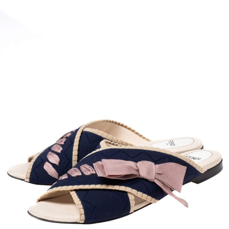 Pre Owned Fendi Navy Blue/ Pink Crisscross Knit and Fabric Bow Flat Slides Size 36