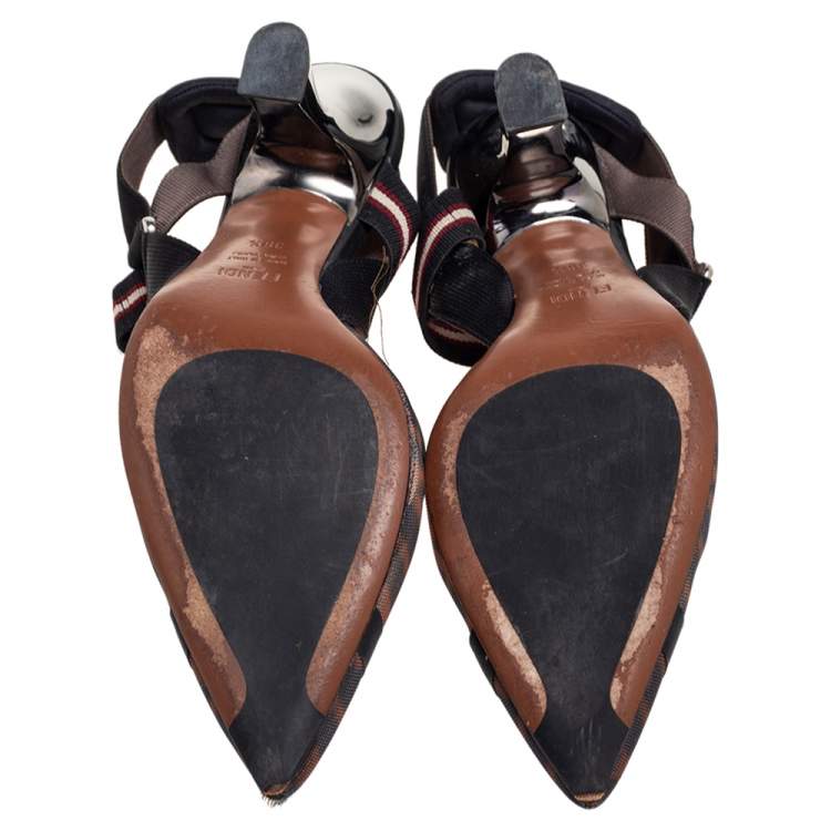 مملوكة مسبقًا Fendi Black/Brown Mesh and Canvas  Colibri Slingback Sandals Size 38.5