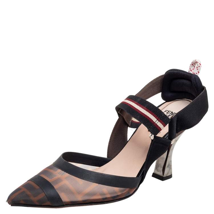 مملوكة مسبقًا Fendi Black/Brown Mesh and Canvas  Colibri Slingback Sandals Size 38.5