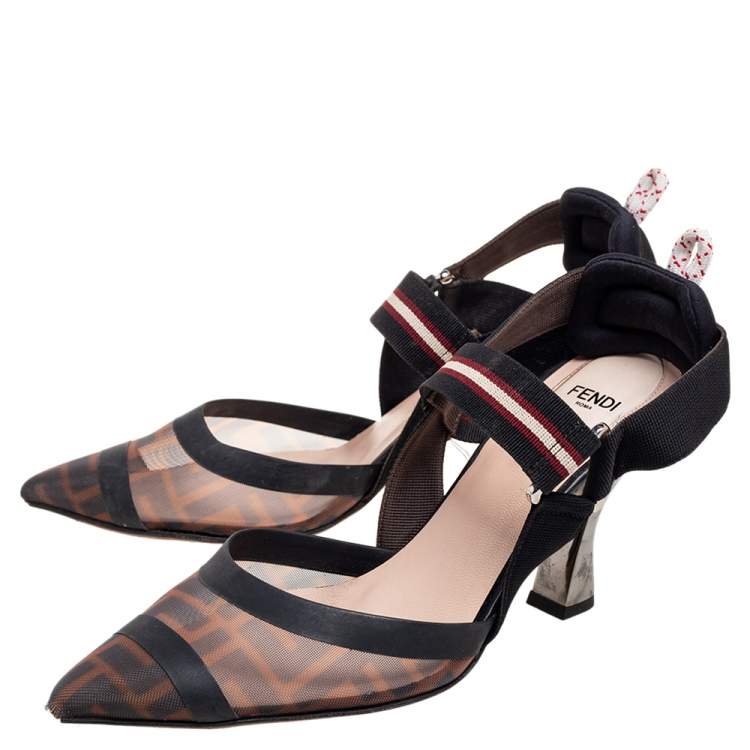 مملوكة مسبقًا Fendi Black/Brown Mesh and Canvas  Colibri Slingback Sandals Size 38.5