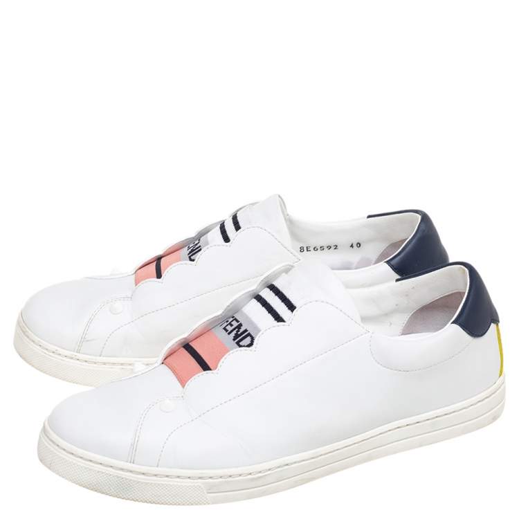 Pre Owned Fendi White Scalloped Leather Logo Rockoko Slip-On Sneakers Size 40