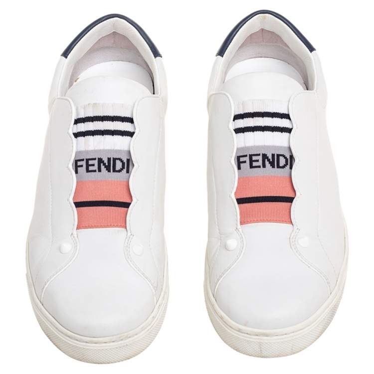 Pre Owned Fendi White Scalloped Leather Logo Rockoko Slip-On Sneakers Size 40